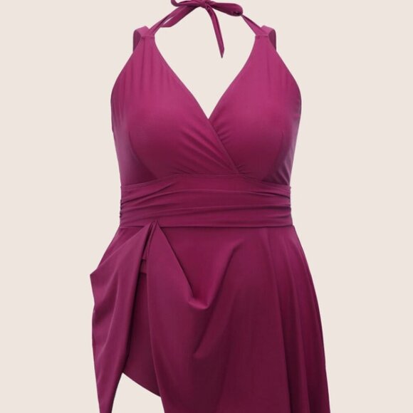 BloomChic Plus Size Solid Ruffle Hem Empire Waist Halter Neck Swim Dress - Picture 6 of 7